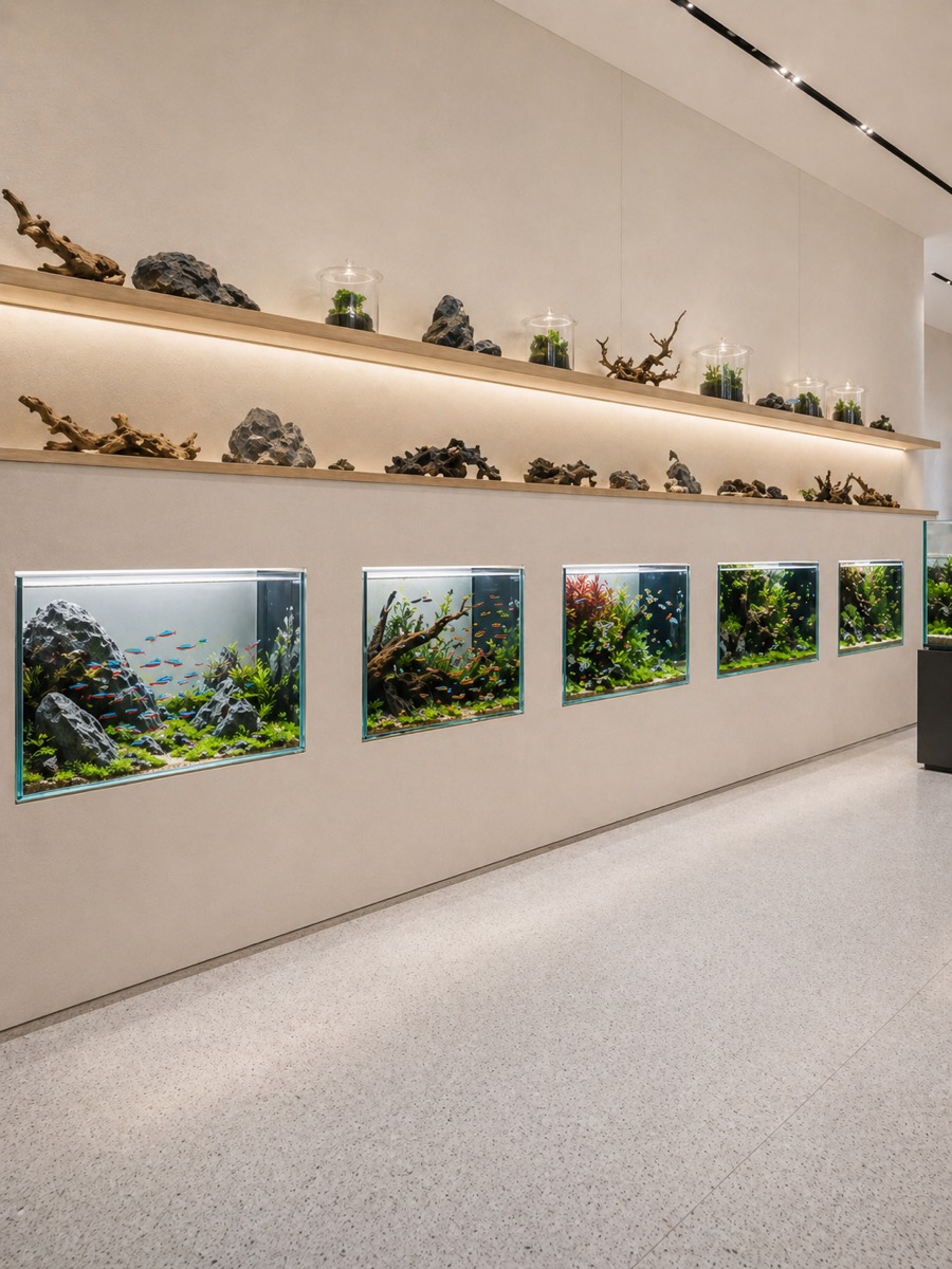 Species display zone — wall-mounted tanks